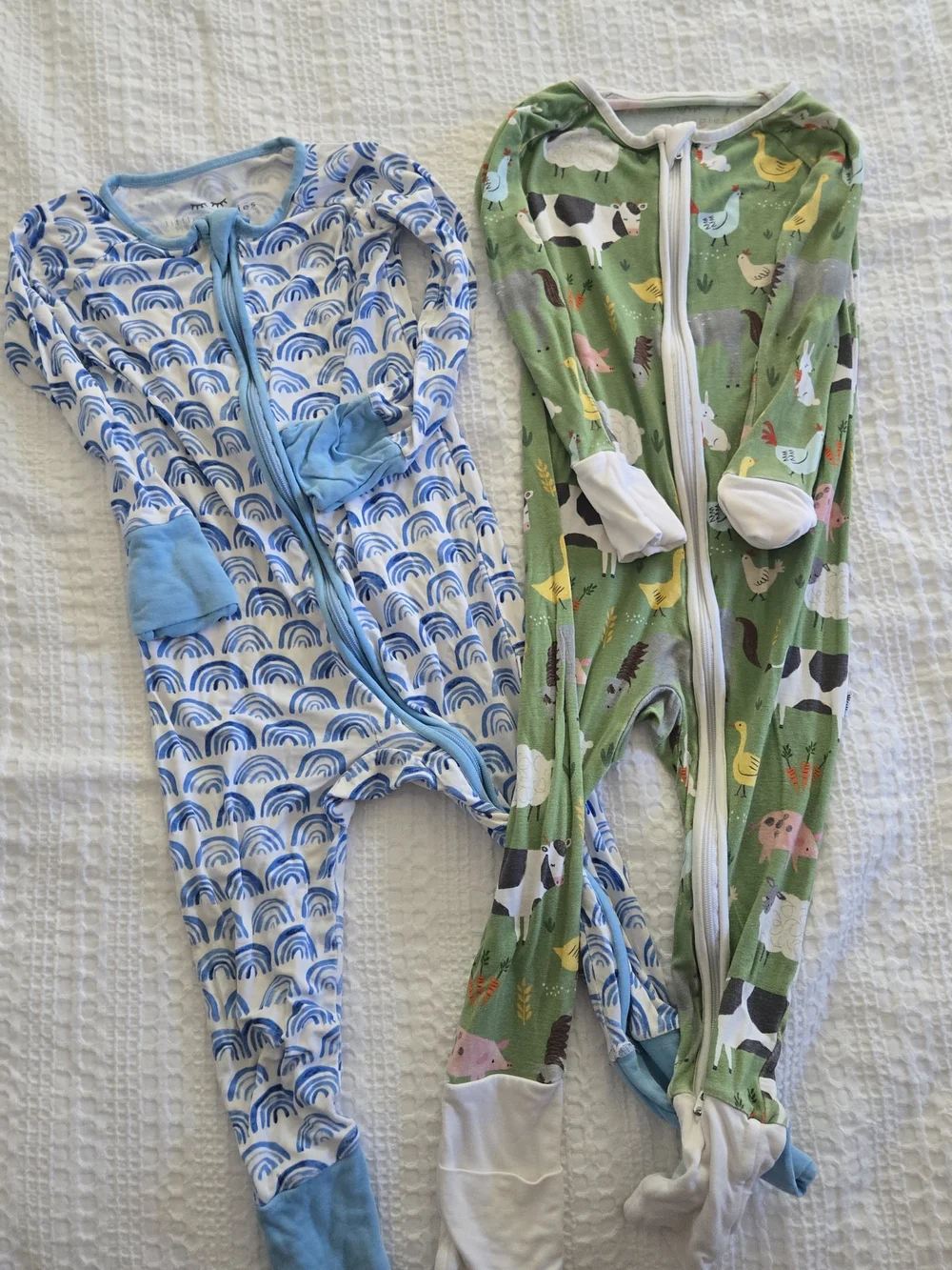 Little Sleepies Blue Rainbow & Green Farm Animal One-Pieces (Set of 2) 12-18mo